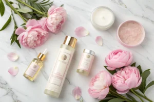 Hair spa products on a marble table with pink flowers