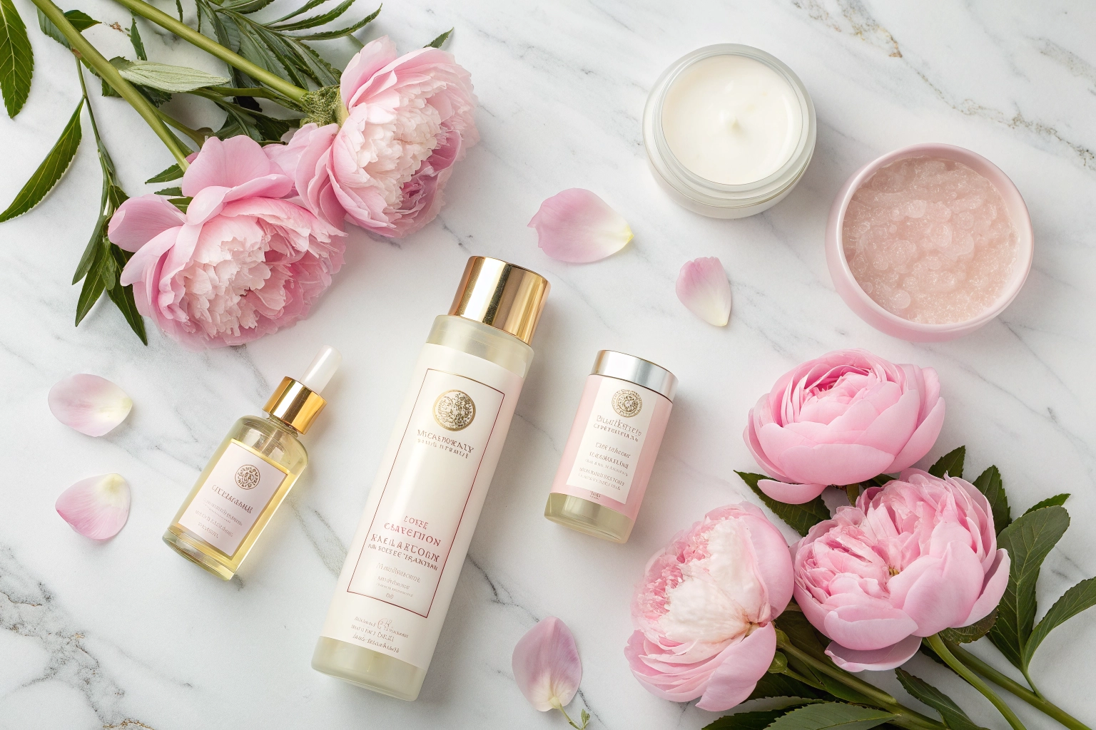Hair spa products on a marble table with pink flowers