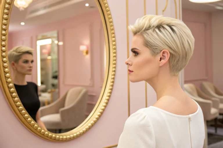 Woman with elegant haircut looking in a mirror in a luxury salon