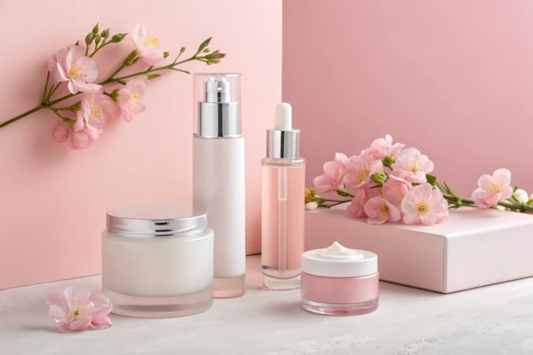 Minimalist skincare routine products on a soft pink background