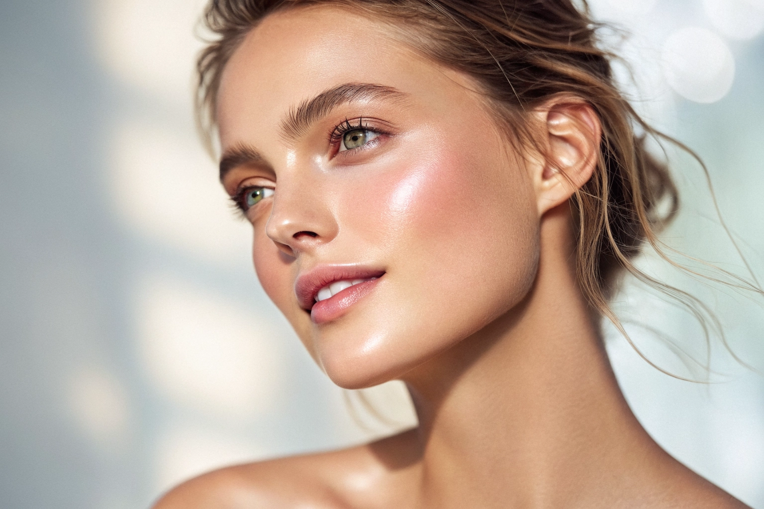 Glowing skin close-up with soft pink lighting