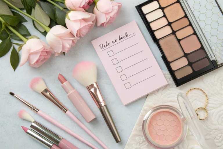 Pre-event beauty checklist items like nail polish and brushes