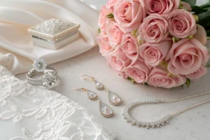 Bridal beauty preparation with jewelry and flowers