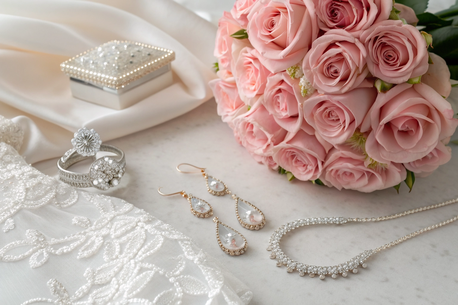 Bridal beauty preparation with jewelry and flowers