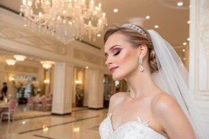 Elegant bridal makeup look with soft pink tones