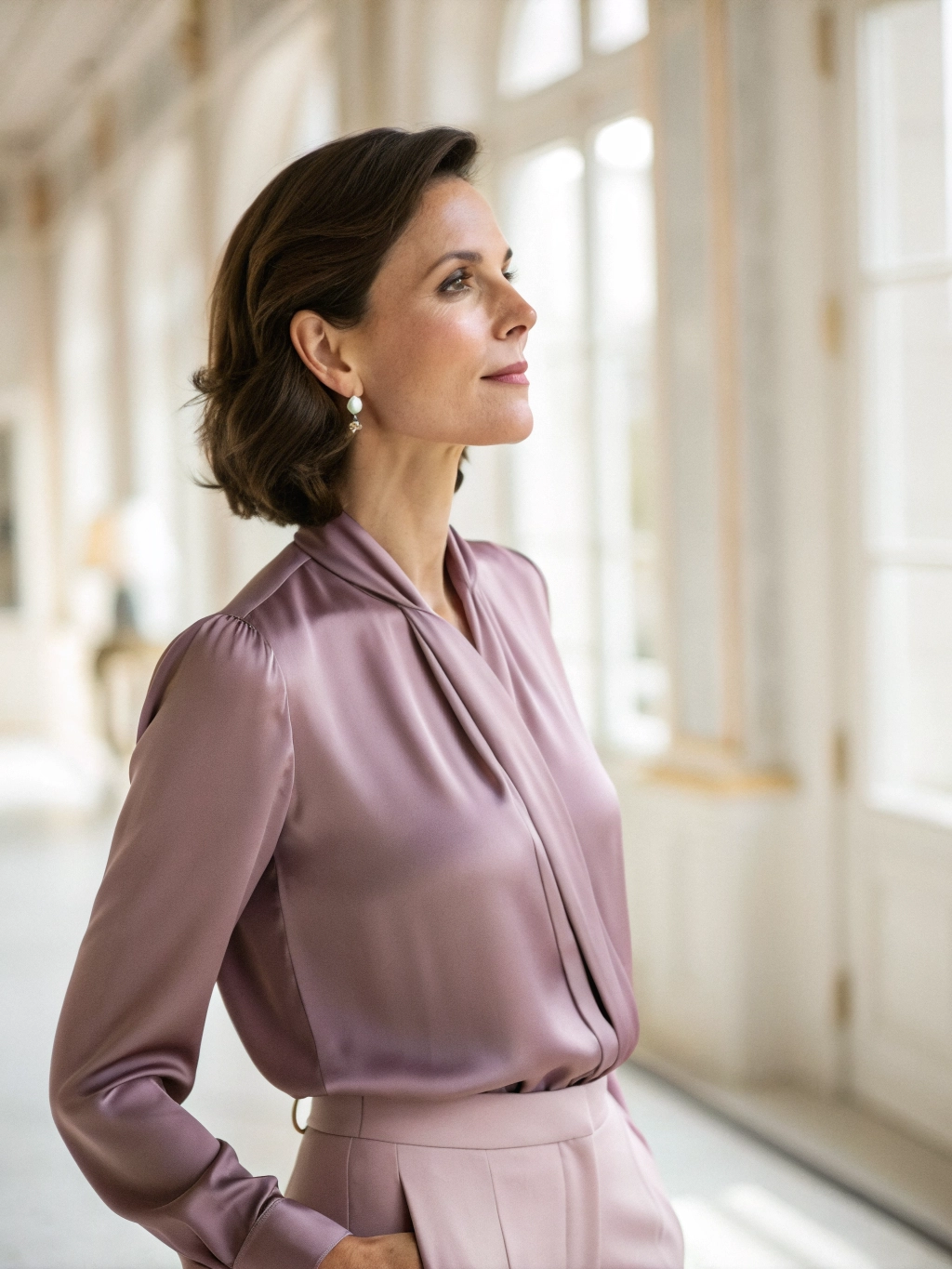 Editorial portrait of a female founder in a soft mauve outfit, standing in a bright, luxury minimalist salon.